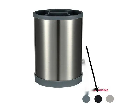 Black silicone kitchen utensil set with 12 tools stored in a rotating plastic storage bucket on a worktop.