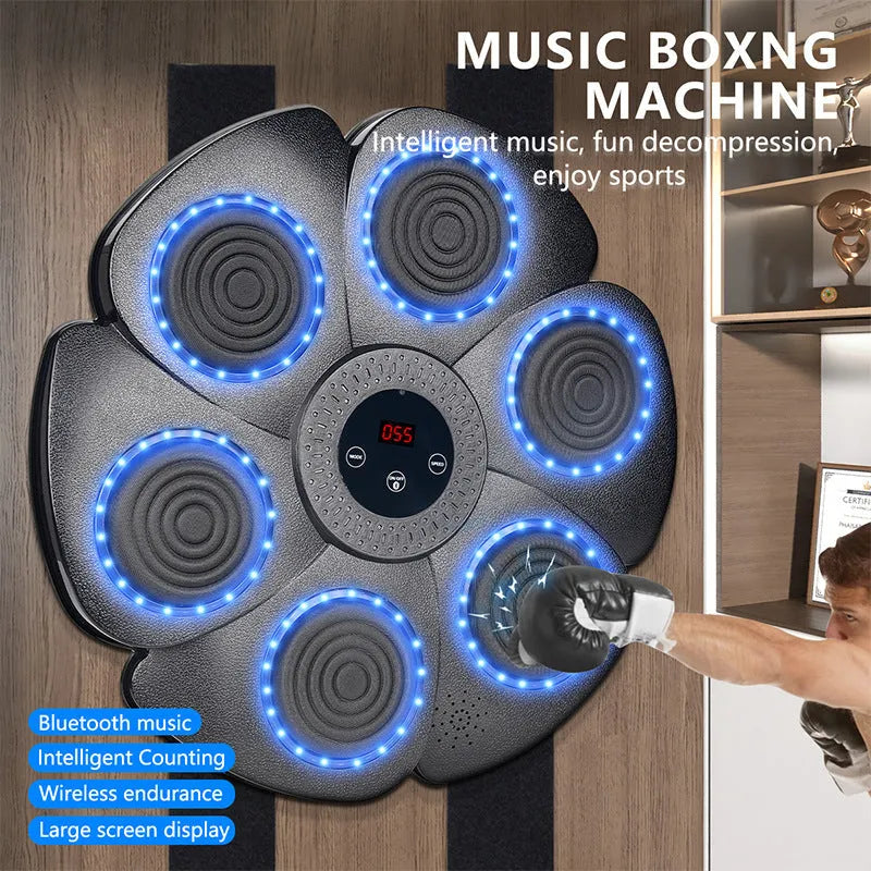 Black plastic smart boxing wall target with LED lights, half-finger glove, and charging cable on a white background.