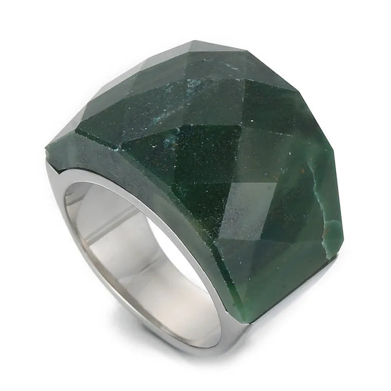 Women's geometric stainless steel natural stone ring with 17mm width in electroplated finish