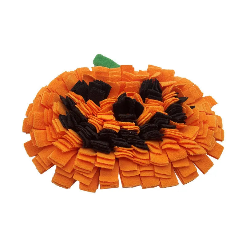 Pumpkin-shaped pet slow feed mat measuring 25x34cm in orange fleece for dog and cat scent training