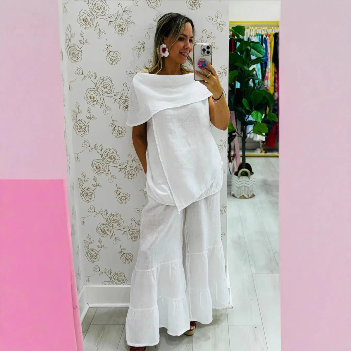Women's cotton linen sleeveless top and long trousers set with patchwork detail, available in six colours, S to 5XL