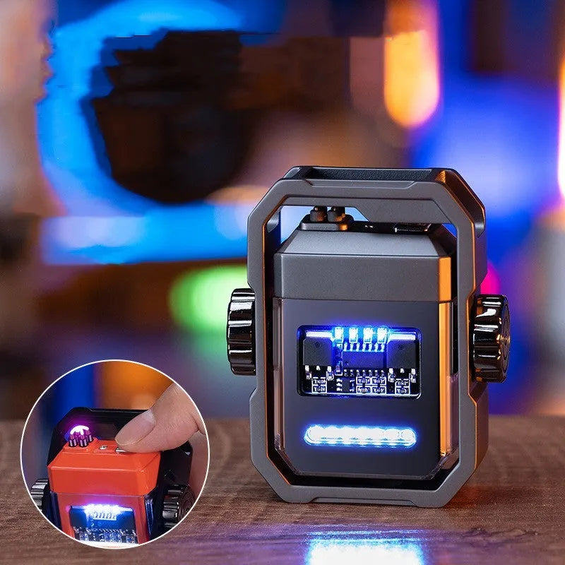 Blue windproof double arc electric lighter with a spinning metal gyroscope, shown folded and unfolded.