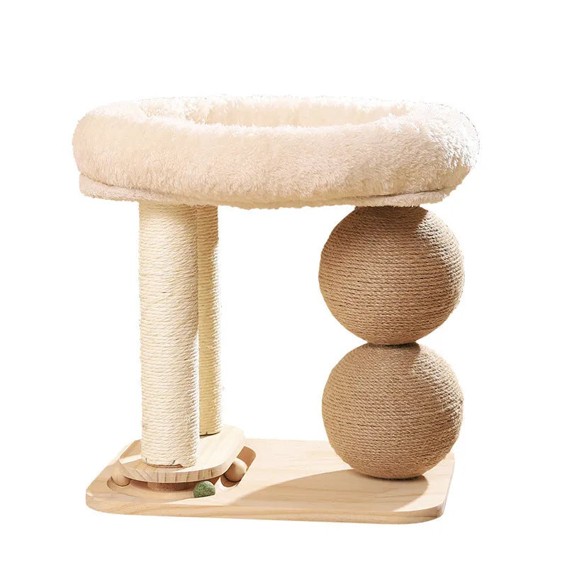 Solid pine wooden cat nest with two sisal scratching posts and a raised sleeping platform