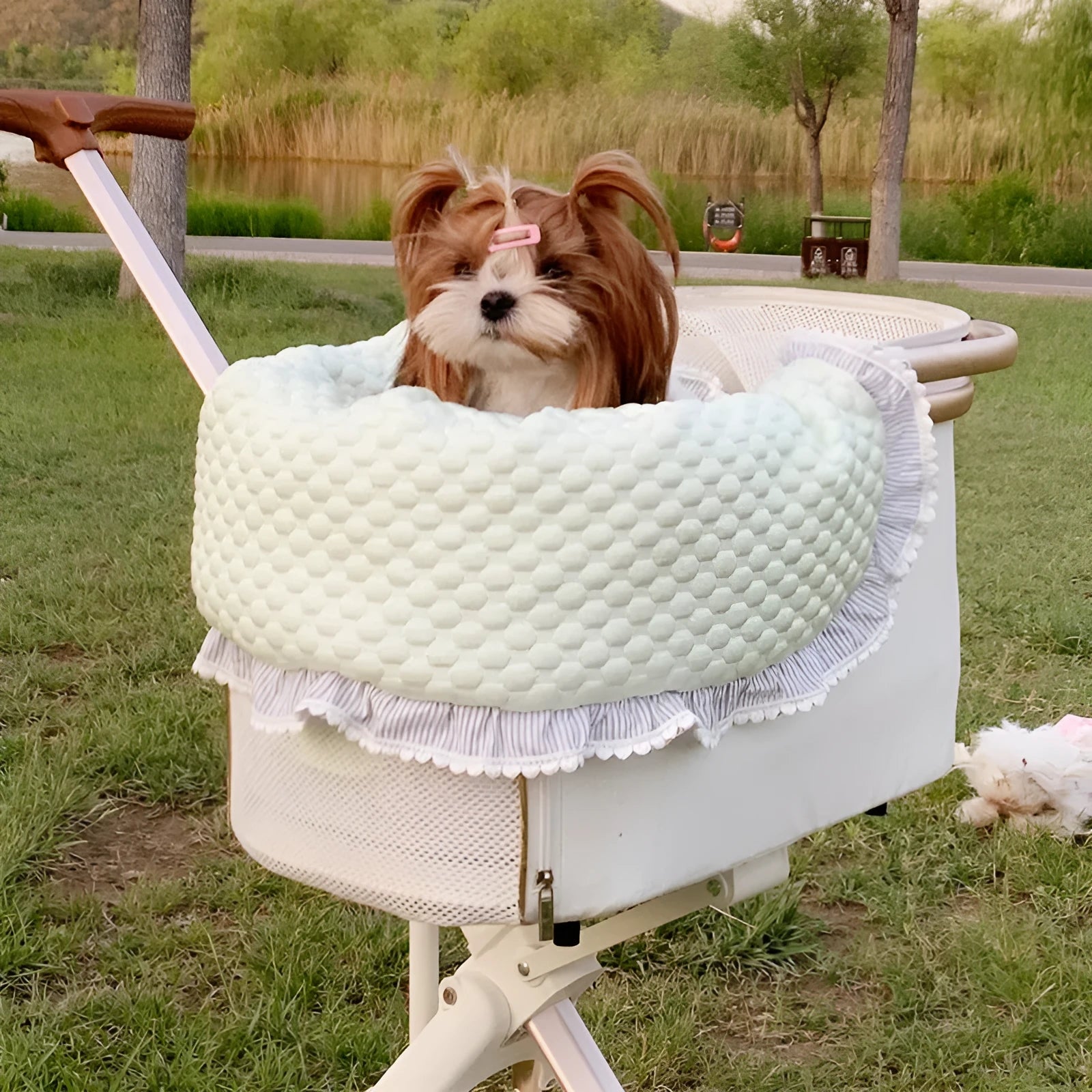 Pure cotton pet stroller accessory set showing anti-dirty towel, cushion, and pillow in a blue green apple pattern.