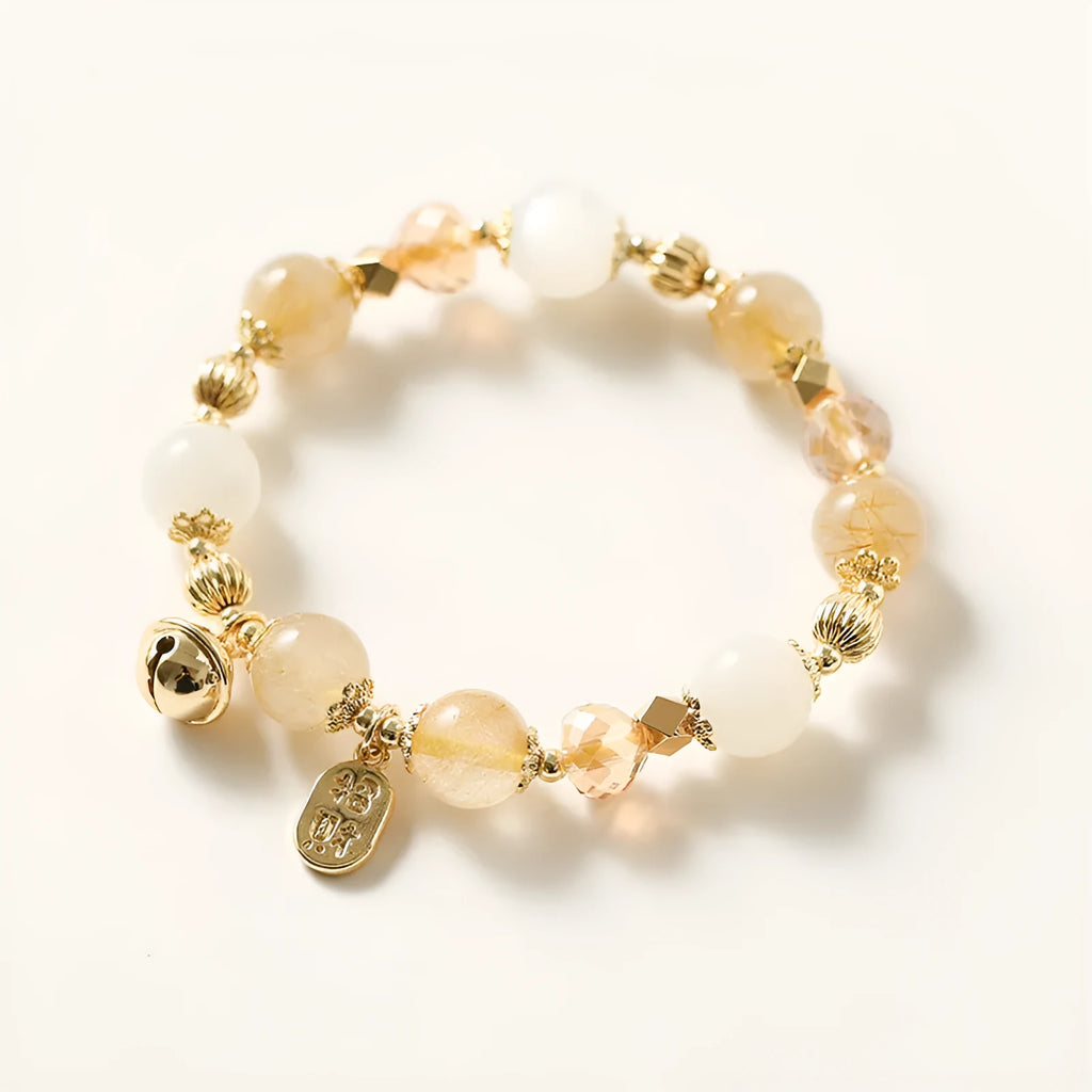 Gold electroplated bracelet with genuine rutilated quartz crystal in Korean style design