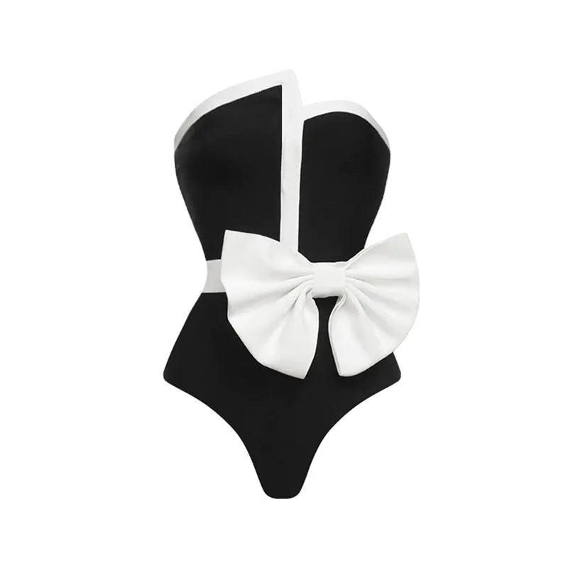 Women's black and white colour-block one-piece swimsuit with bow detail tube top