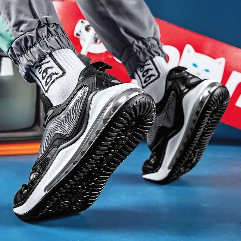 Men's black and white casual summer shoes with height increasing feature and air cushion technology