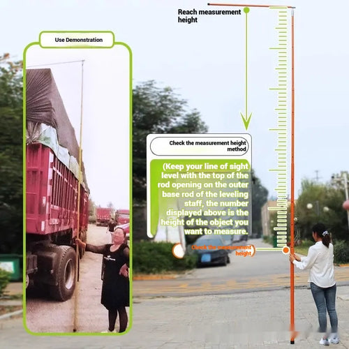 Telescopic truck height measuring rod extended to full height with clear measurement scales visible