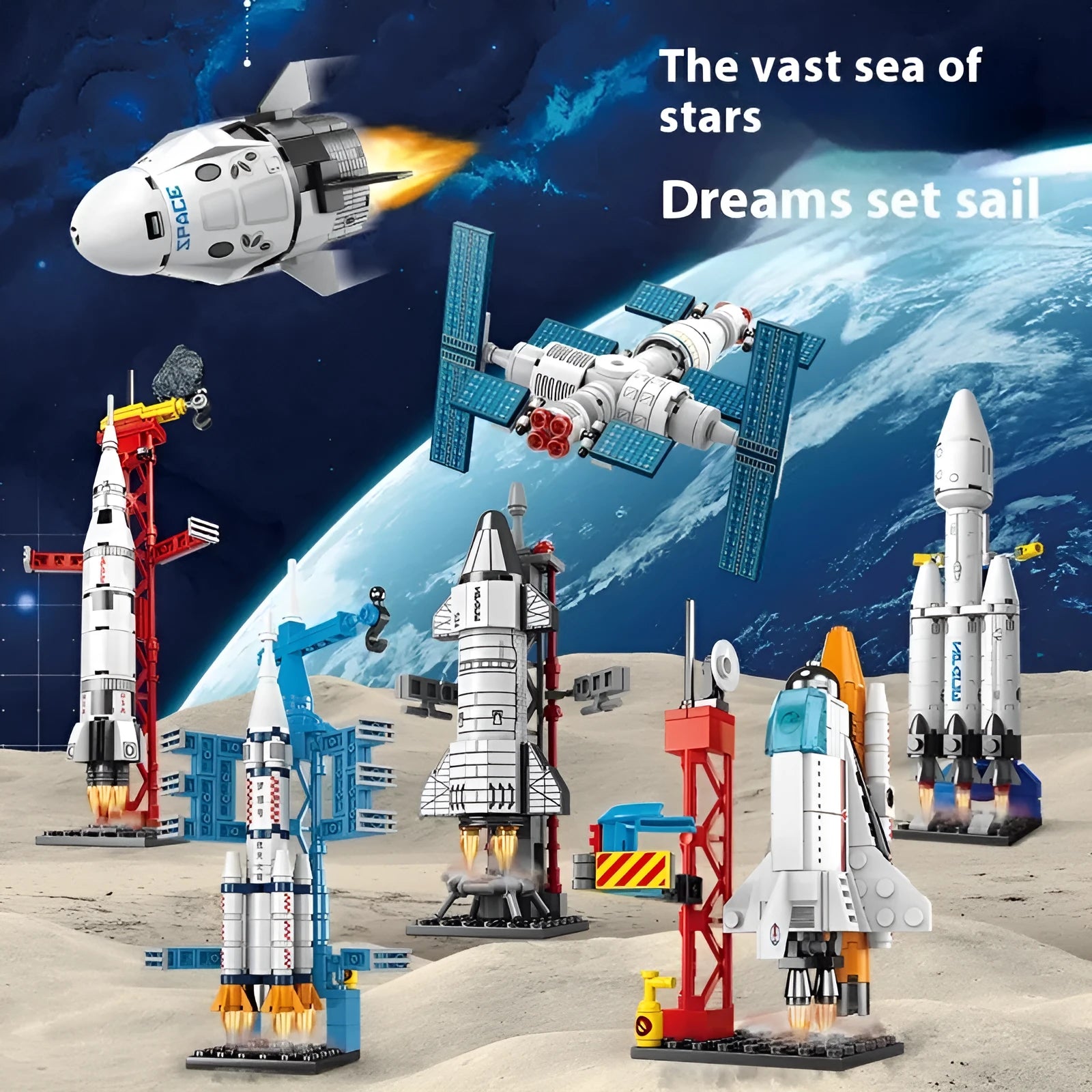 Colour box packaging of space rocket building blocks featuring space station, starship, Apollo 5, Falcon Heavy rocket, and dragon flying ship sets