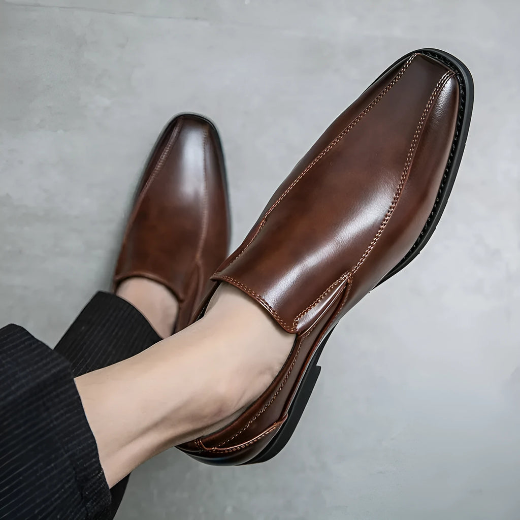Men's black patent leather style pointed toe casual shoes with flat rubber sole