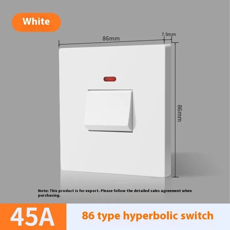 Gold, grey, or white coloured industrial switch with light panel for 25A or 45A high-current circuits.