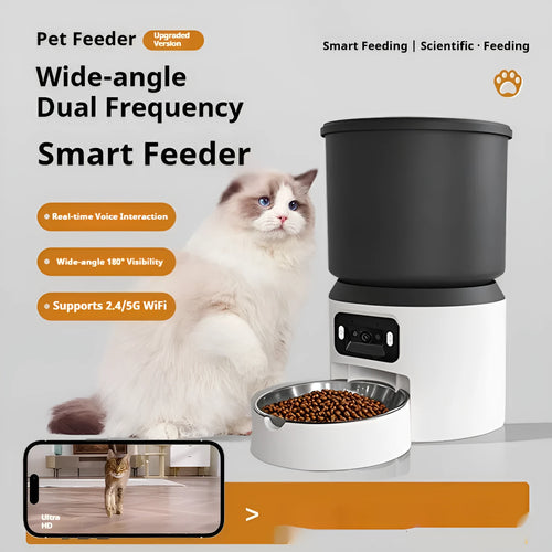 4-litre smart pet feeder with LCD display, food bowl, and optional camera on top.