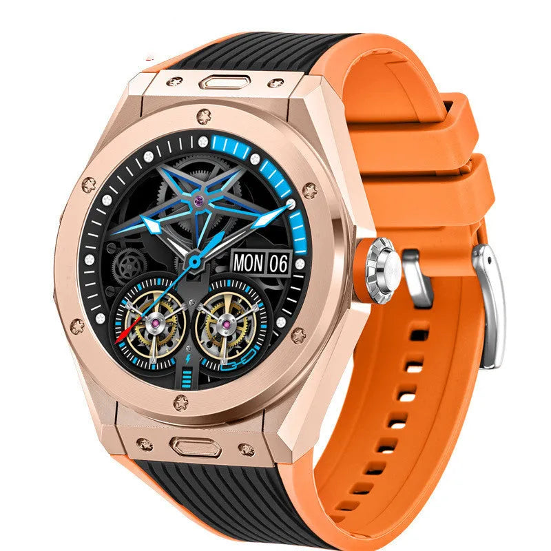MV58 black Bluetooth smart watch with silicone strap on a wrist, showing call and health tracking display.