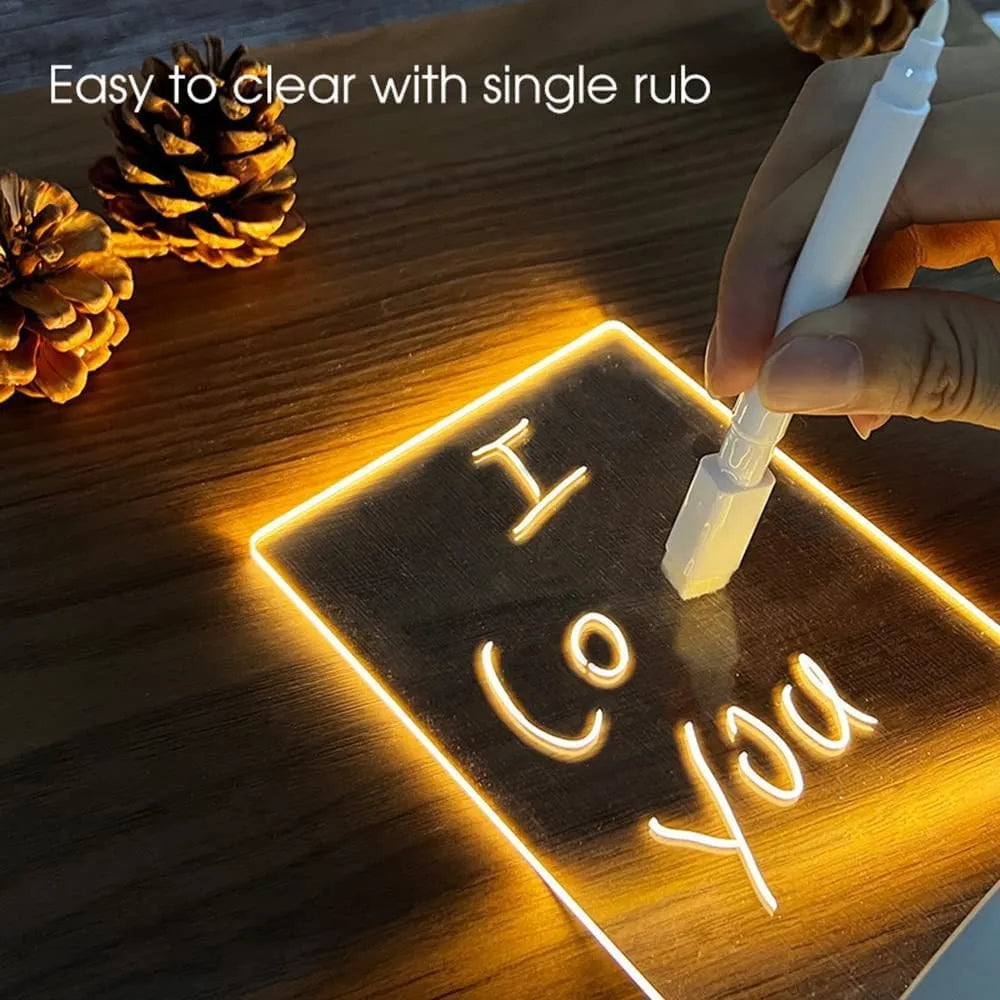 Acrylic message board night lamp with round base and warm light, four interchangeable panels, USB powered