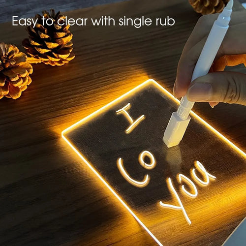 Acrylic message board night lamp with round base and warm light, four interchangeable panels, USB powered