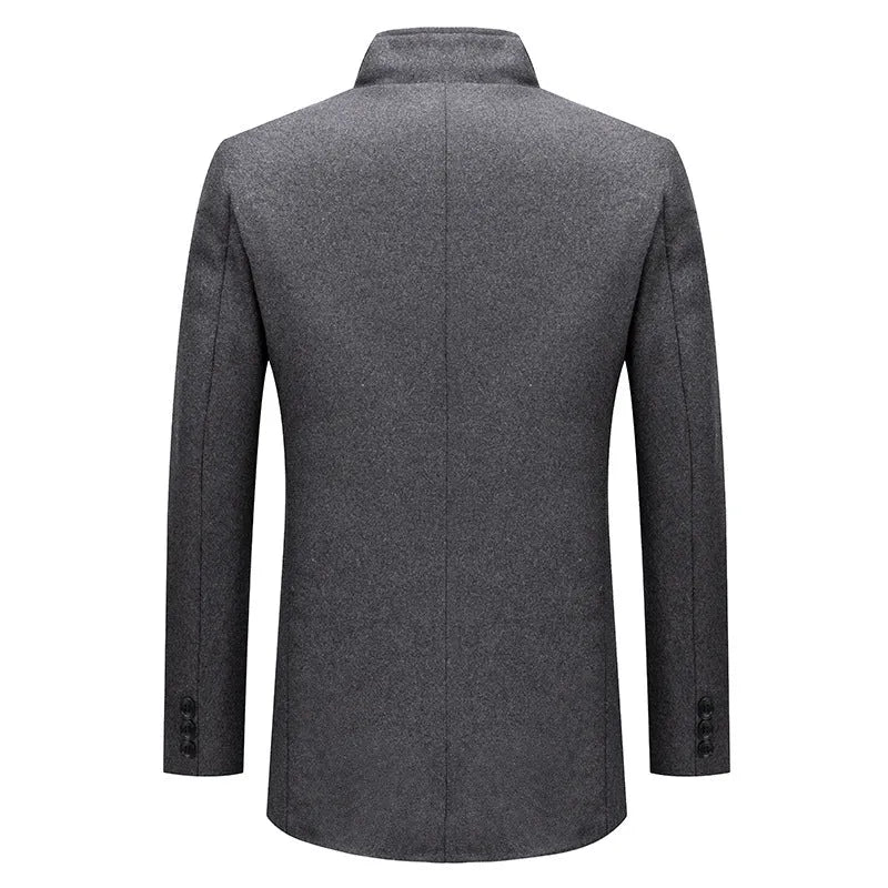 Men's loose wool coat with cotton padding, zipper pocket, solid grey burgundy or camel colour, sizes M to XXXXL