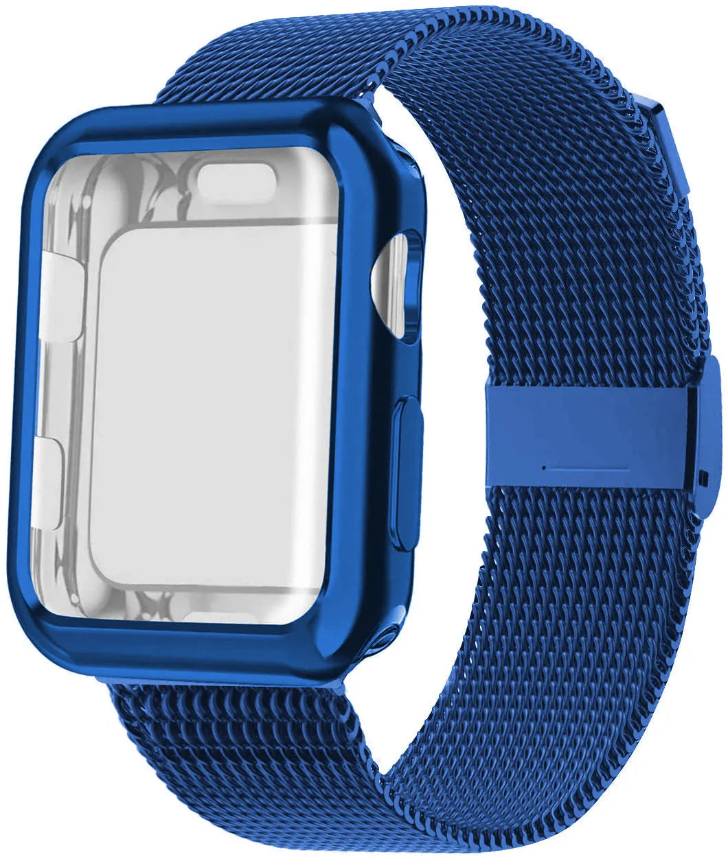Silver magnetic Milanese loop metal band attached to an Apple Watch on a wrist, showing the adjustable magnetic clasp.