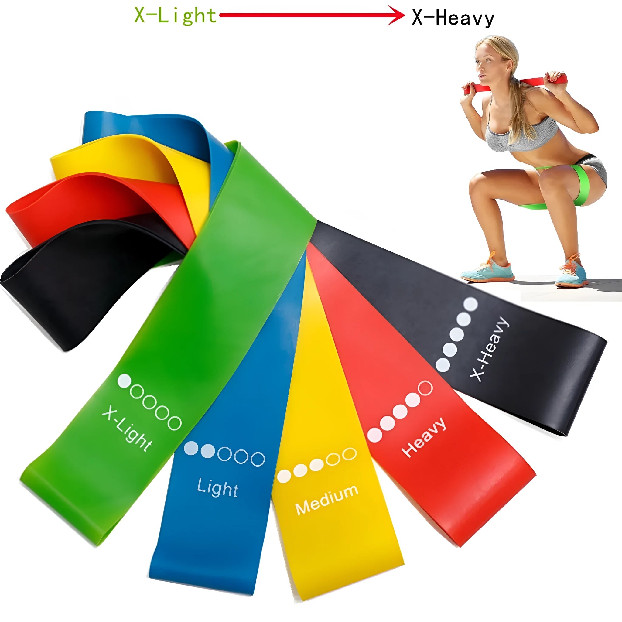 Set of five coloured yoga tension straps showing different resistance levels for fitness training