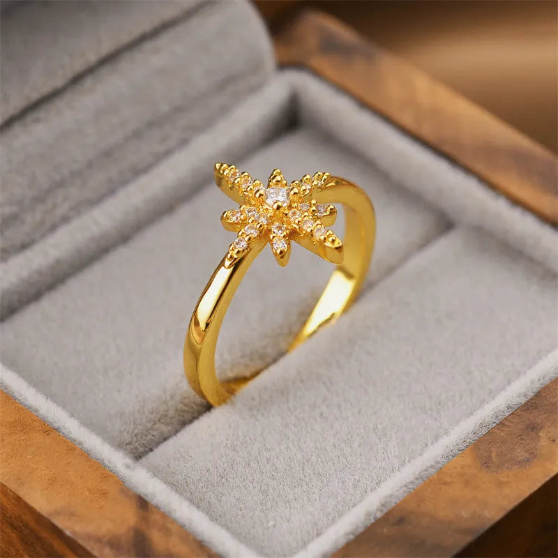 Gold geometric open-band fashion ring on a hand, showing adjustable design and 5mm width.