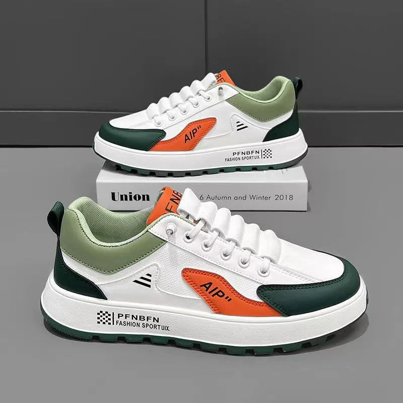 Men's white and black casual shoes with round toe and artificial PU upper