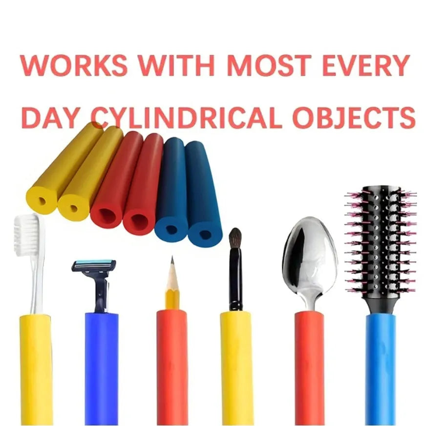 Rubber auxiliary grip hoses in a pack, showing inner diameters of 10mm and 18mm for pens and tableware.