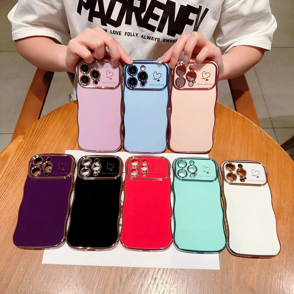 Electroplating wave love large window TPU phone case for iPhone, black colour, back view showing decorative wave pattern and card slot