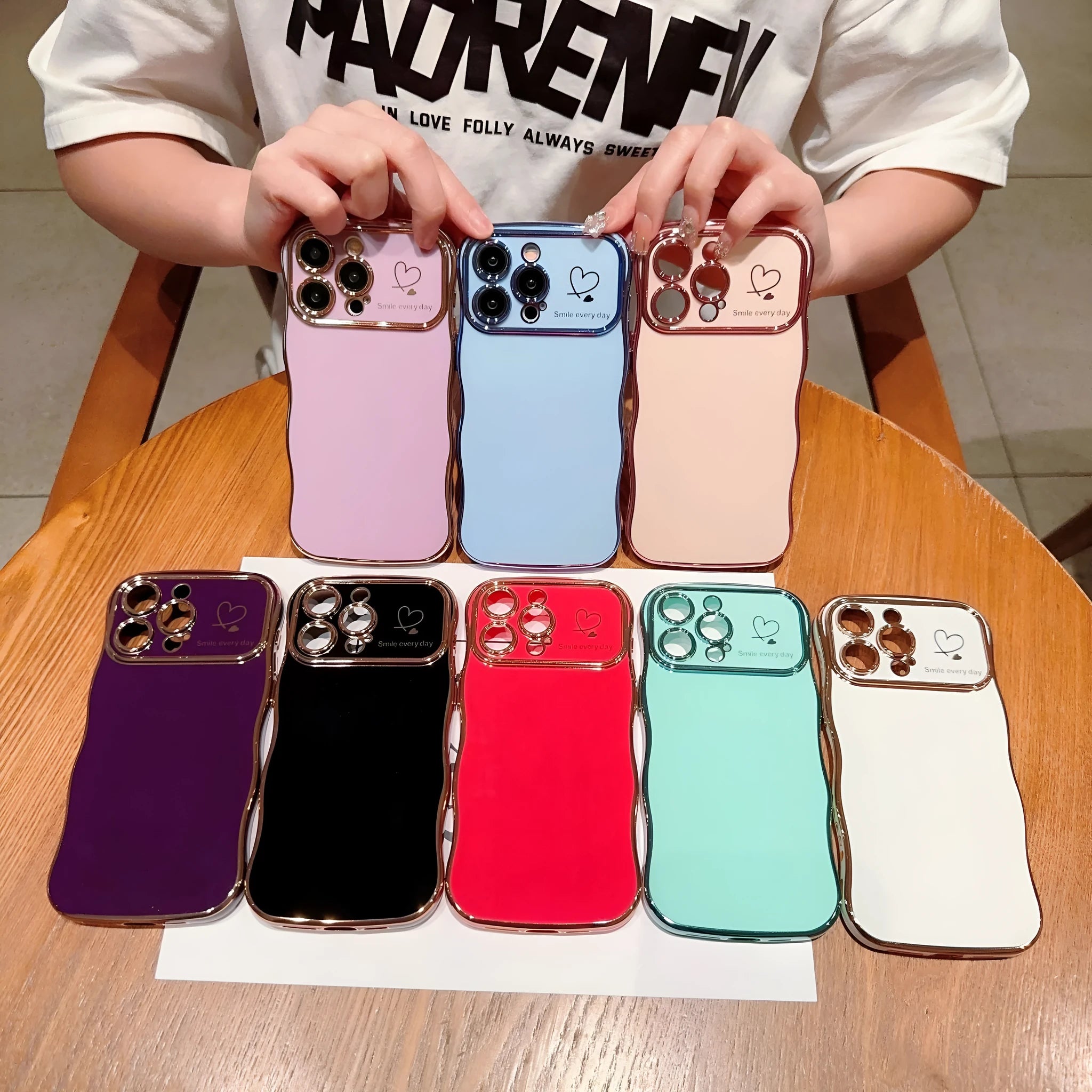 Electroplating wave love large window TPU phone case for iPhone, black colour, back view showing decorative wave pattern and card slot