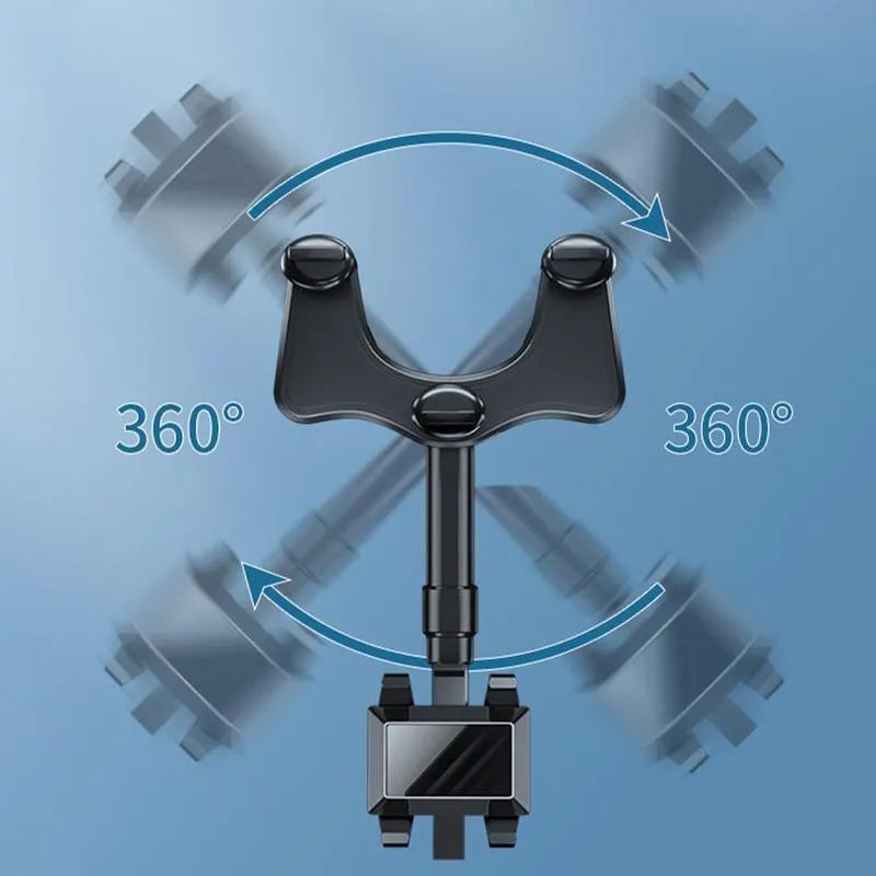 Black rearview mirror car phone holder showing 360-degree rotation and telescopic arm extended.