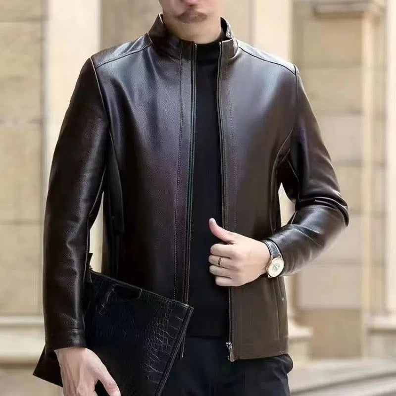 Men's horse leather jacket, loose 100cm lengthened cut, stand or turn-down collar, black or brown, fleece-lined option