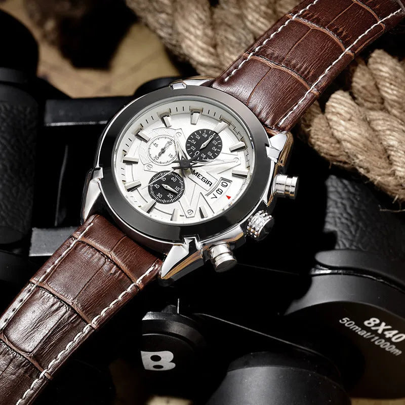 Men's multifunctional quartz chronograph watch with luminous markers on a brown and white dial.