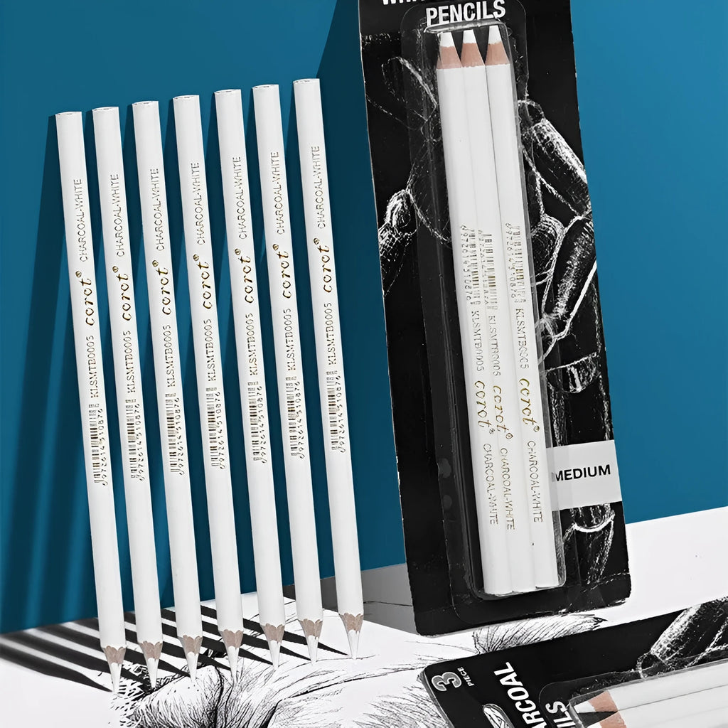Set of three white charcoal pencils with wooden barrels for sketching on dark paper.