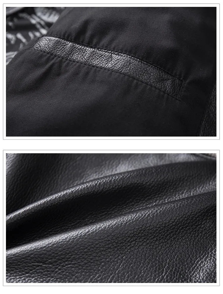 Men's black genuine leather stand collar motorcycle jacket with skull pattern