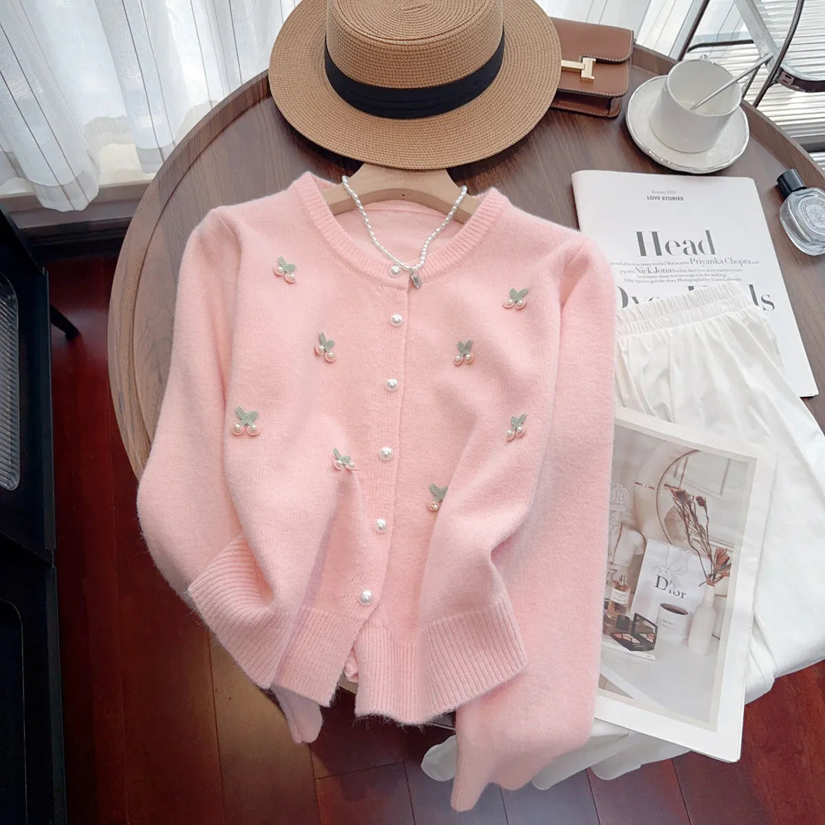 Cashmere blend slim fit cardigan coat with beaded details in blue, pink, red, or white.