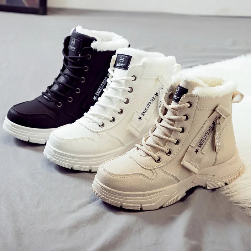 Plus size women's lace-up snow boots with fleece lining and a rubber sole.
