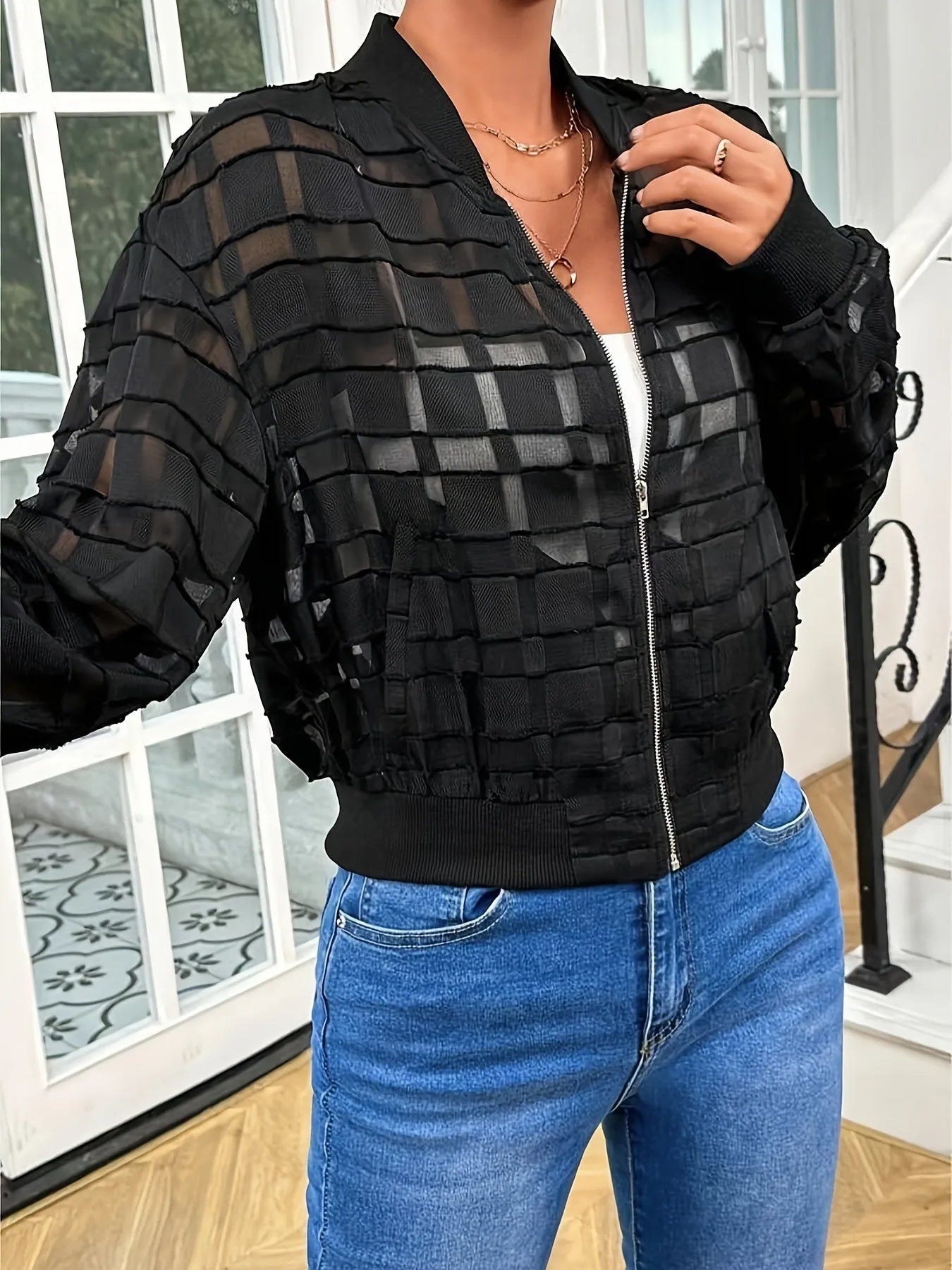 Women's black geometric pattern casual jacket with semi-transparent thread zipper detail