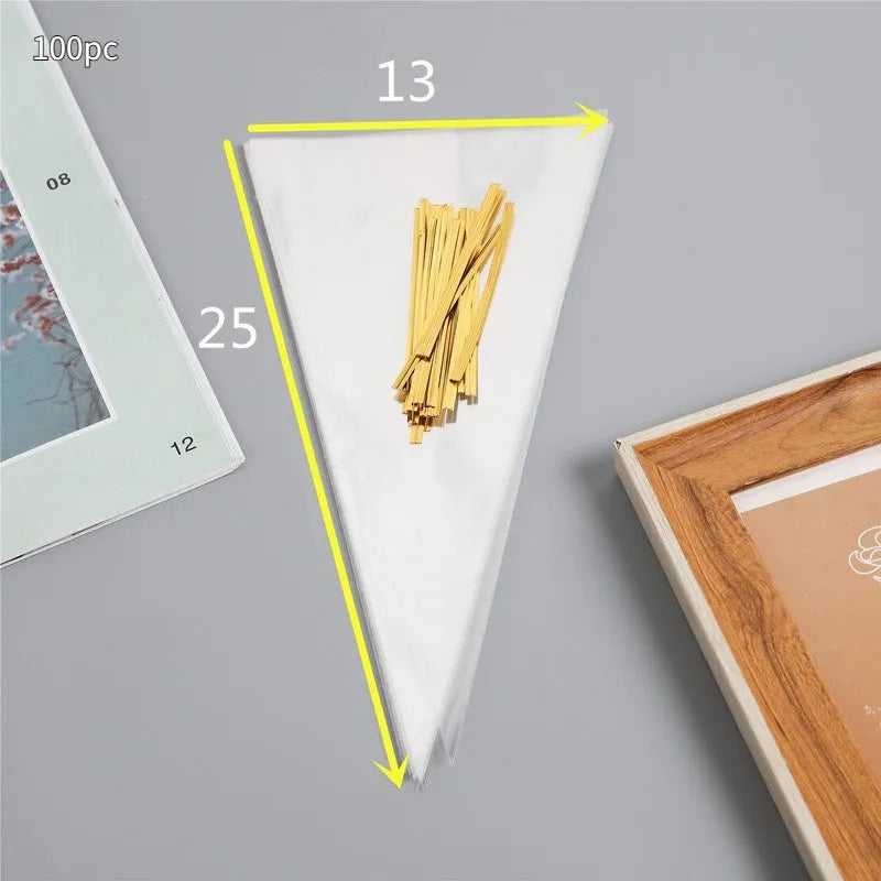 Clear triangular OPP plastic packaging bag with a twisted metal wire tie sealing the top.