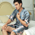 Men's mid-length artificial silk nightgown in cardigan style, black, front view