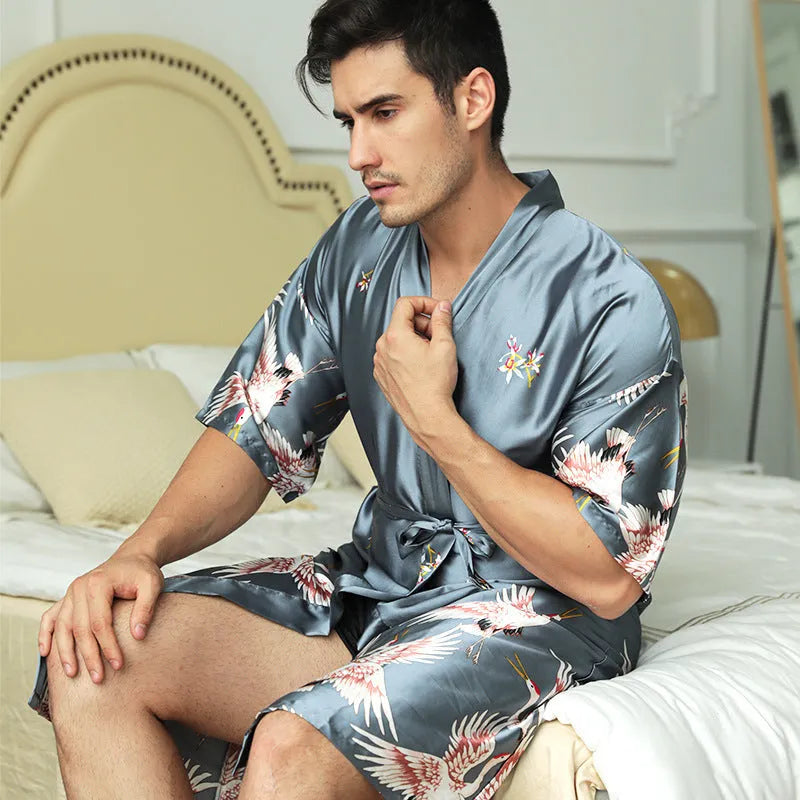 Men's mid-length artificial silk nightgown in cardigan style, black, front view
