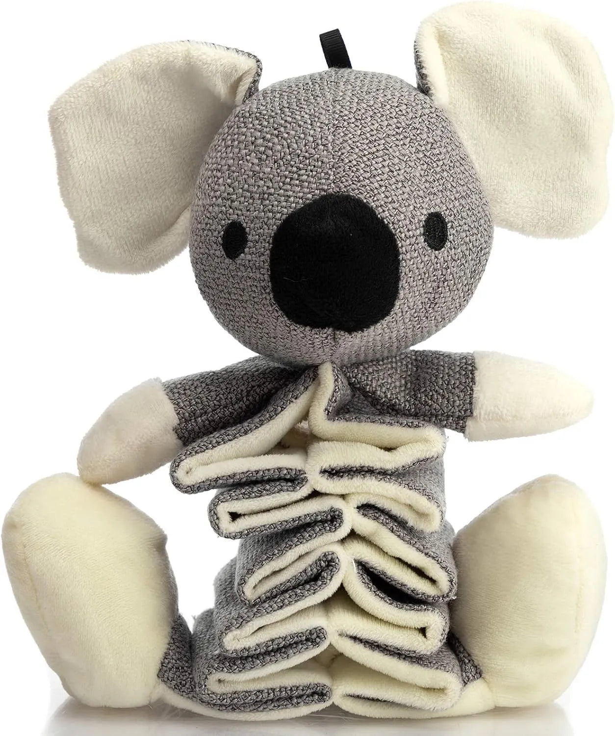Gray koala-shaped dog chew toy with crinkle paper and squeaker, measuring 30cm.