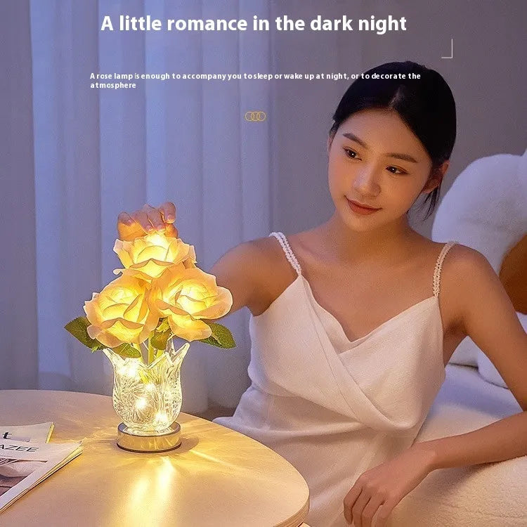 White crystal flowers design USB rechargeable touch dimming table lamp on wooden surface
