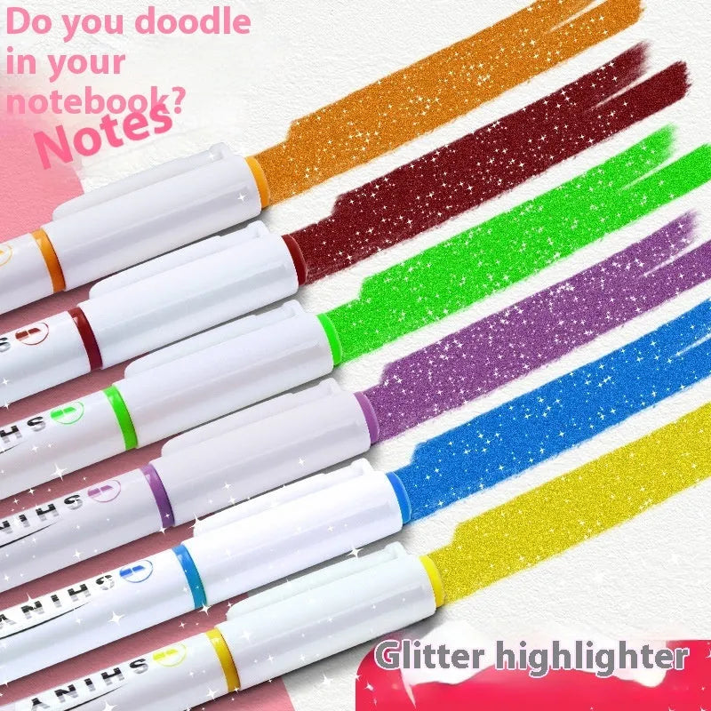 Four glitter highlighter pens with slanted tips in assorted fluorescent colours on a white background.