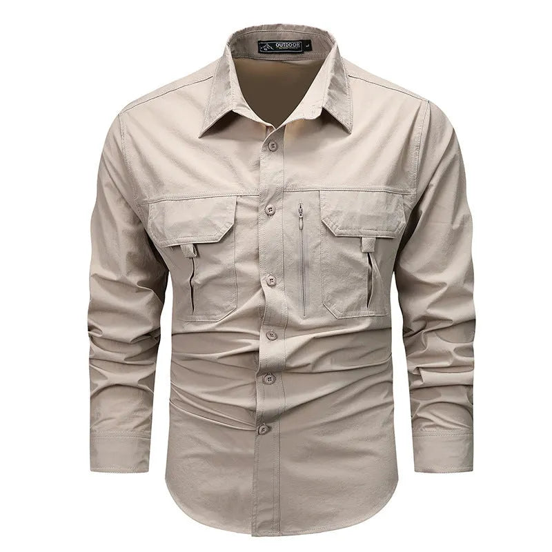 Men's long-sleeved solid colour casual shirt in khaki, regular fit, nylon-blend fabric