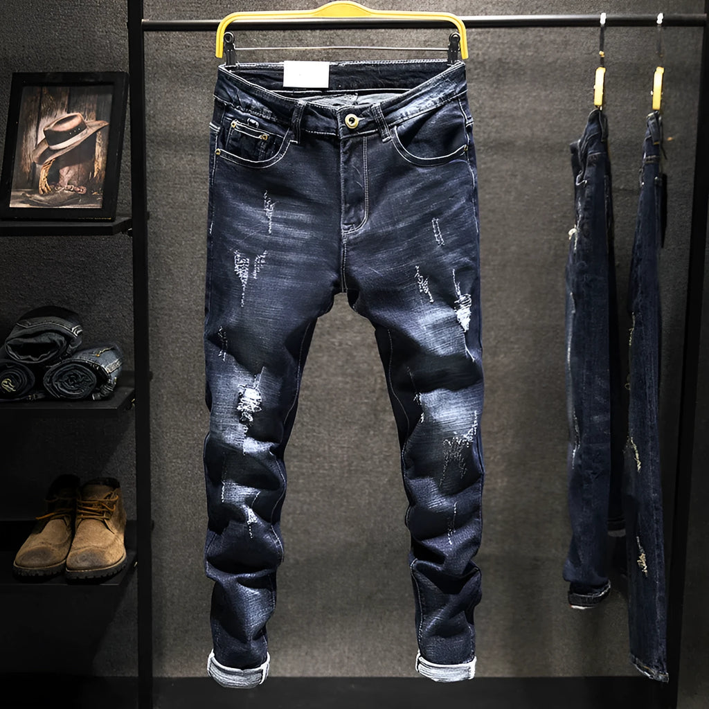 Men's dark blue and light blue skinny fit jeans with micro-elastic denim fabric.