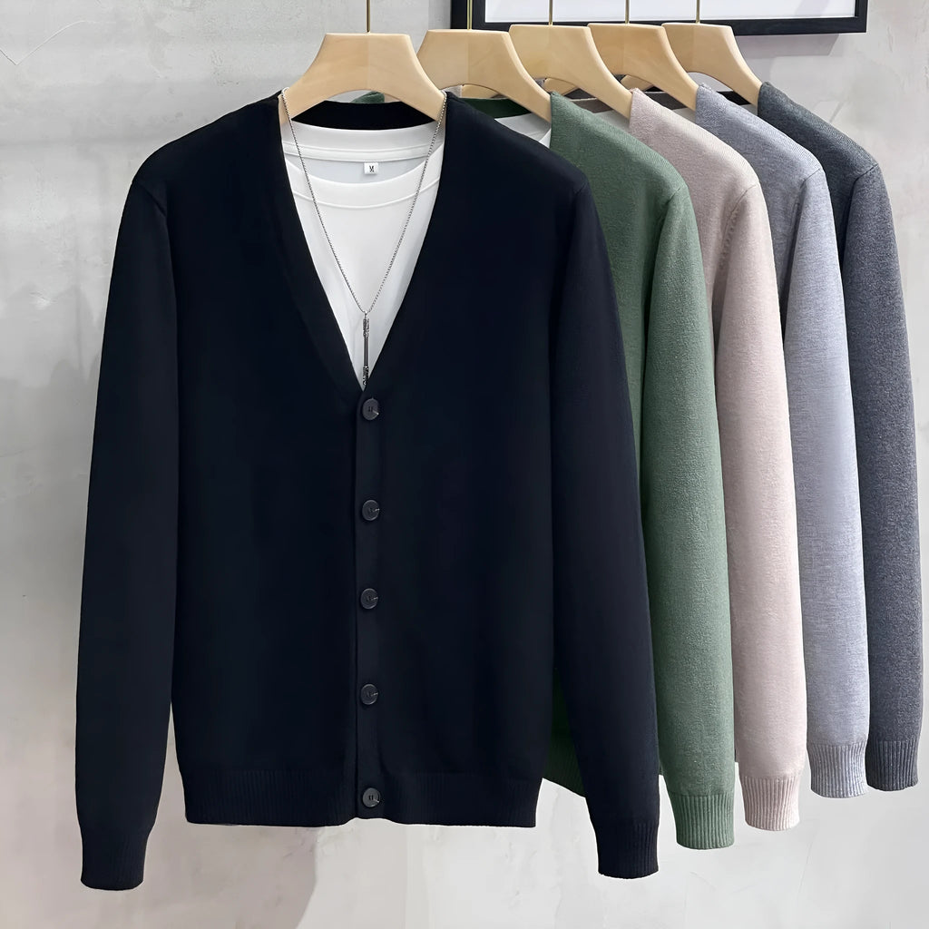 Men's cotton knit V-neck cardigan in black, green, apricot, light grey or dark grey, loose fit, sizes M to 3XL