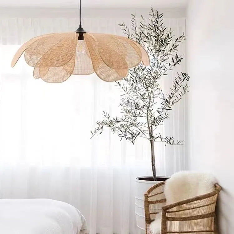 Creative handmade rattan petal chandelier bamboo ceiling lamp with LED light source natural woven design