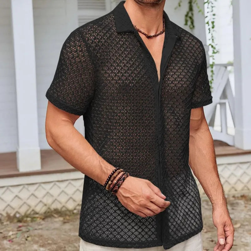 Men's mesh short sleeve shirt with lapel collar in cotton-blend fabric
