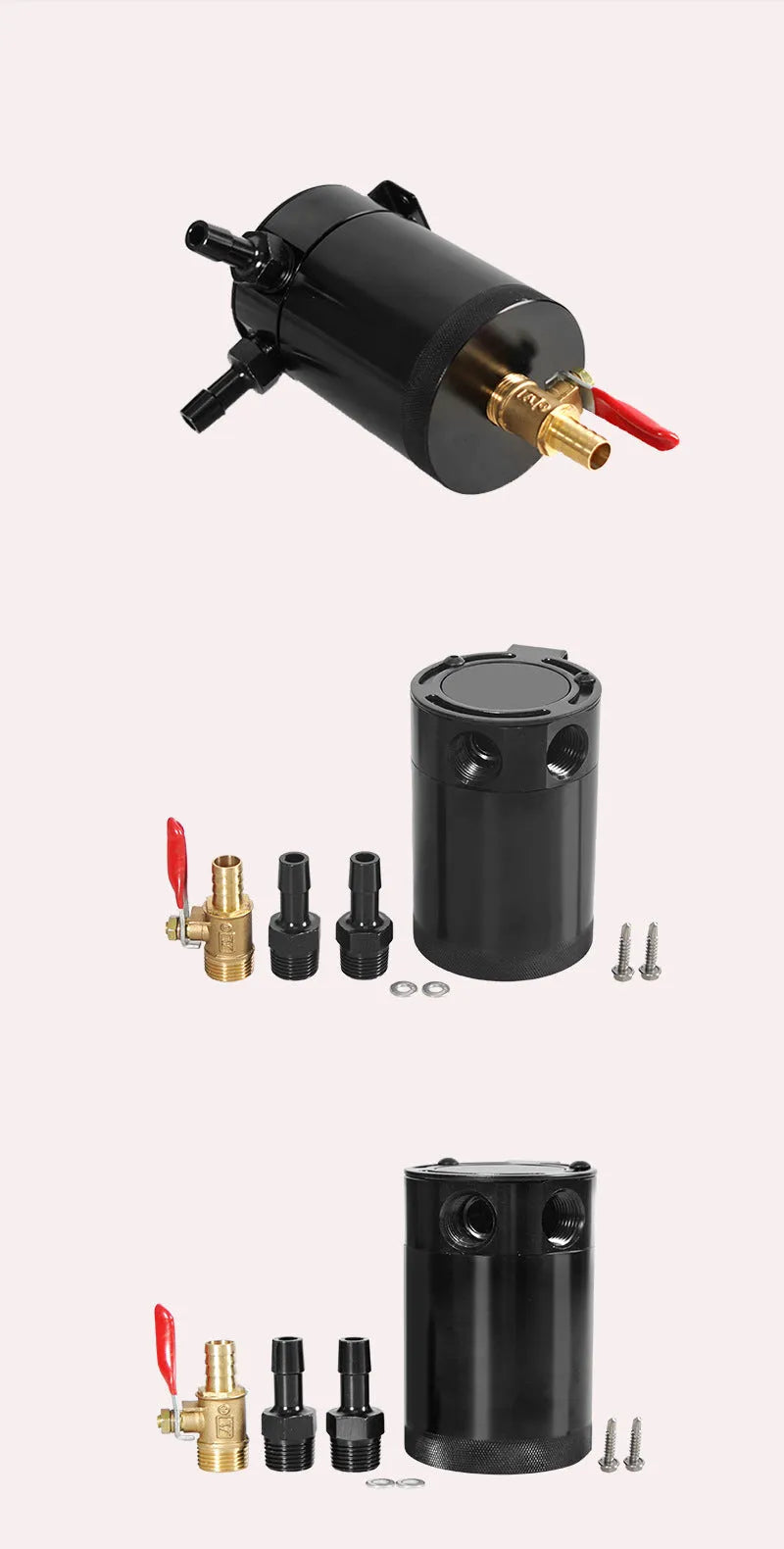 Aluminium automotive oil pot in black or silver with two-hole mounting and optional drain valve