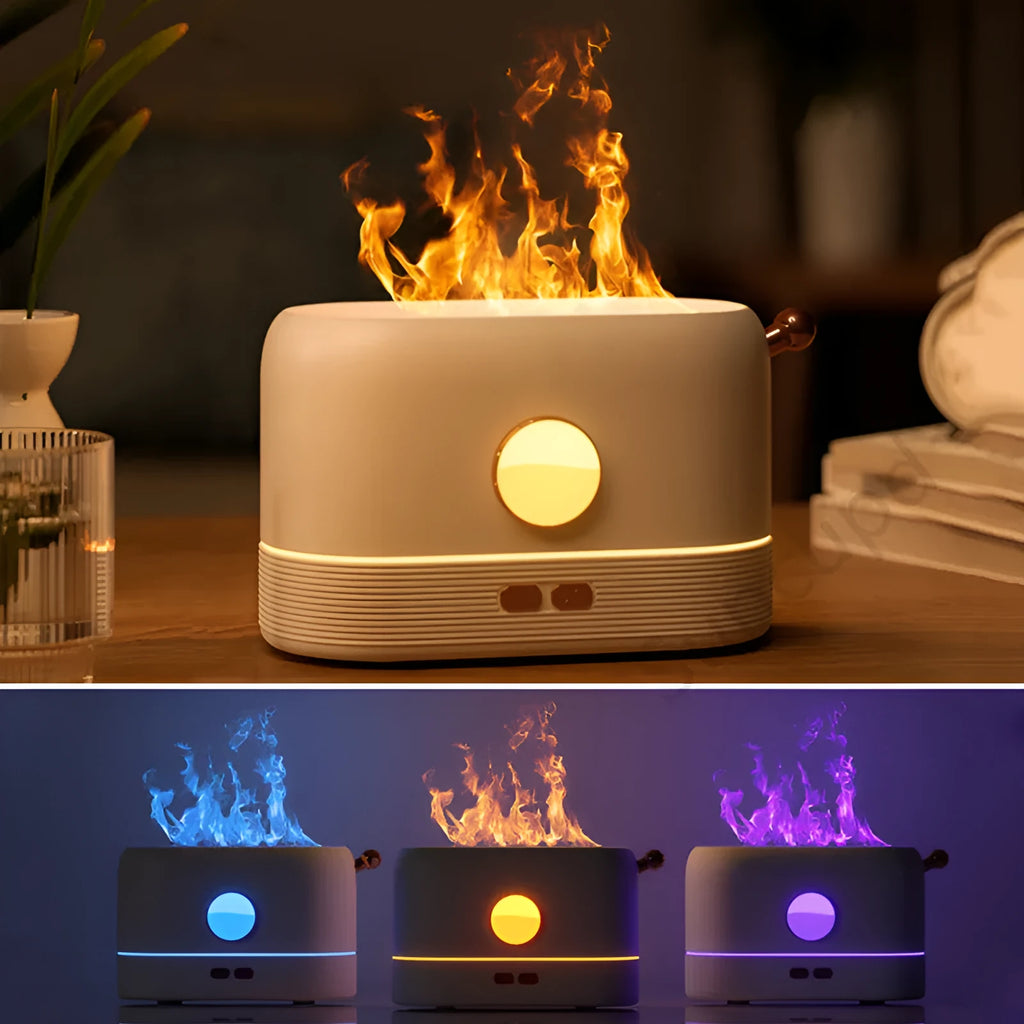 Black USB humidifier diffuser with flickering flame effect light and water mist on wooden desk