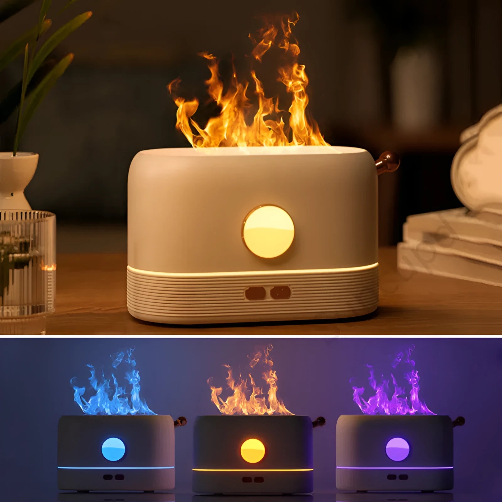 Black USB humidifier diffuser with flickering flame effect light and water mist on wooden desk