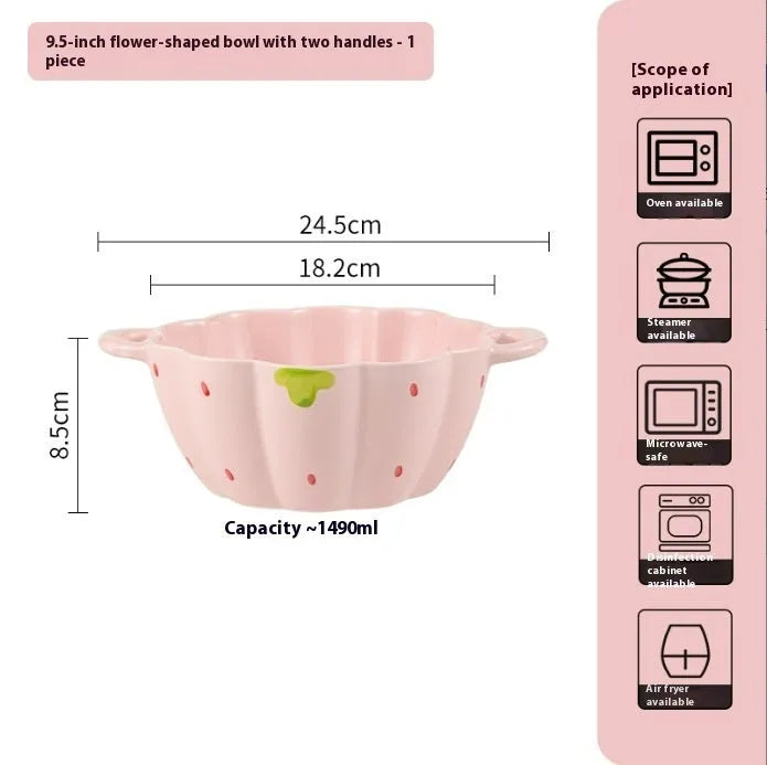 Strawberry-themed porcelain dinnerware set with plates, flower bowls, and microwave-safe spoons